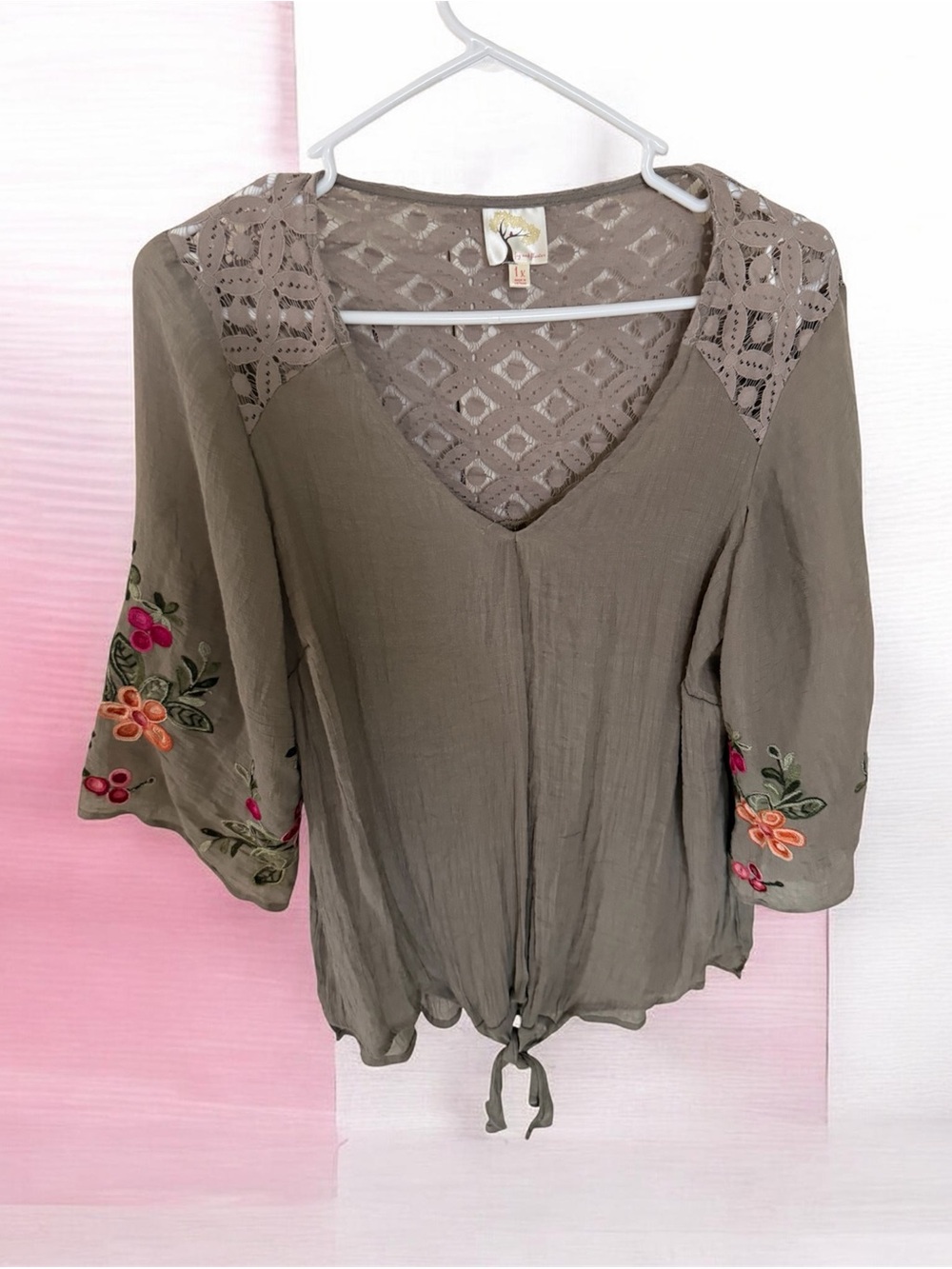 fig and flower Olive Green Crochet Yoke Embroidered Tie-Hem Blouse